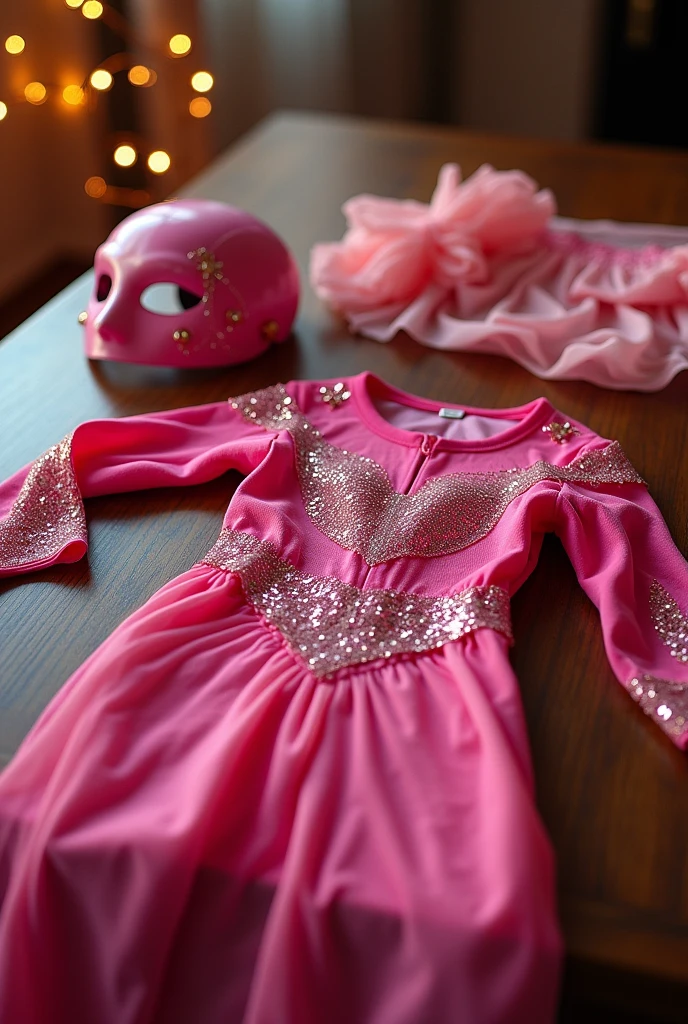 Make a picture of a pink vibrant superhero suit with a mask left on a table for girls with some revealing clothes 