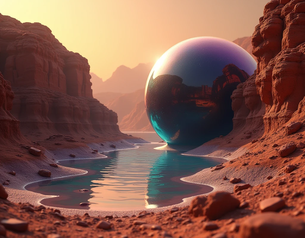 there is a veiny black bubble growing in a rift between two martian land masses, the bubble anchored itself to rift walls, and climbing higher, astronauts are witnessing it for the first time, ethereal rainbow bubbles, iridescent soapy bubbles, ethereal bubbles, bubble, foamy bubbles, soap bubbles, rainbow bubbles, air bubbles, water bubble, magic bubble barrier, bubbles rising, huge bubbles, liquid sculpture, bubbly foam, froth at the base of the bubble, the main structure can be seen from satellite pictures, Martians are blowing bubbles in water through straw,  