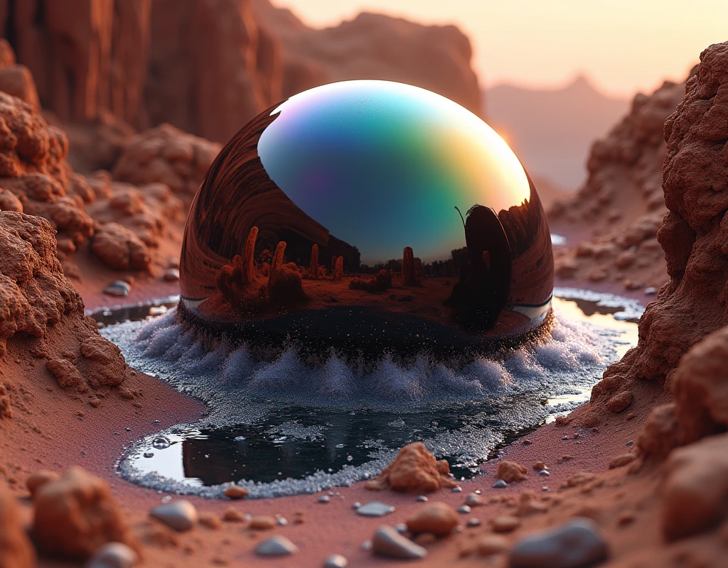 there is a veiny black bubble growing in a rift between two martian land masses, the bubble anchored itself to rift walls, and climbing higher, astronauts are witnessing it for the first time, ethereal rainbow bubbles, iridescent soapy bubbles, ethereal bubbles, bubble, foamy bubbles, soap bubbles, rainbow bubbles, air bubbles, water bubble, magic bubble barrier, bubbles rising, huge bubbles, liquid sculpture, bubbly foam, froth at the base of the bubble, the main structure can be seen from satellite pictures, Martians are blowing bubbles in water through straw,
