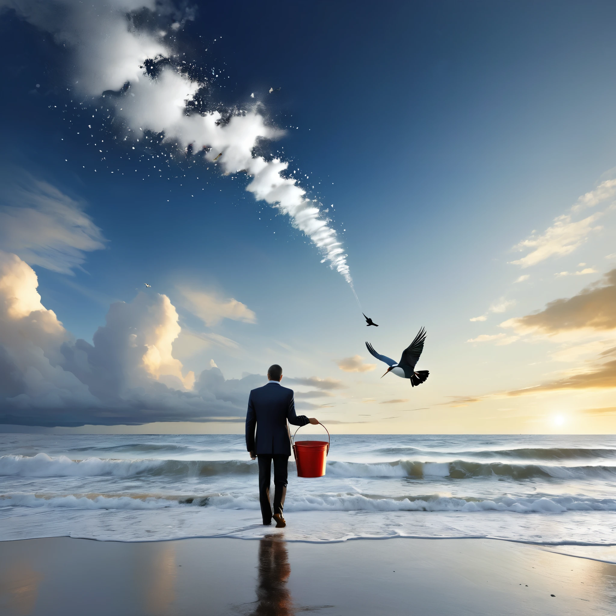 surreal photography，seashore，One with his back to the screen，Carrying a bucket of paint，Draw a bird in the sky，Alastair Magnaldo，Alastair Magnaldo，Super image quality