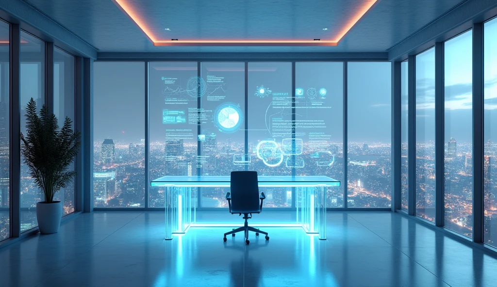 "Generate a futuristic office background with a clean and minimalist design. The scene should include a transparent, holographic desk, a sleek chair, and advanced digital interfaces projected in the air. The background should have a metallic, silver color scheme with glowing blue accents, giving it a cutting-edge, high-tech feel. The overall environment should be spacious and airy, with a large digital screen or window showing a view of a distant, technologically advanced city."