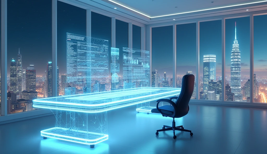 "Generate a futuristic office background with a clean and minimalist design. The scene should include a transparent, holographic desk, a sleek chair, and advanced digital interfaces projected in the air. The background should have a metallic, silver color scheme with glowing blue accents, giving it a cutting-edge, high-tech feel. The overall environment should be spacious and airy, with a large digital screen or window showing a view of a distant, technologically advanced city."