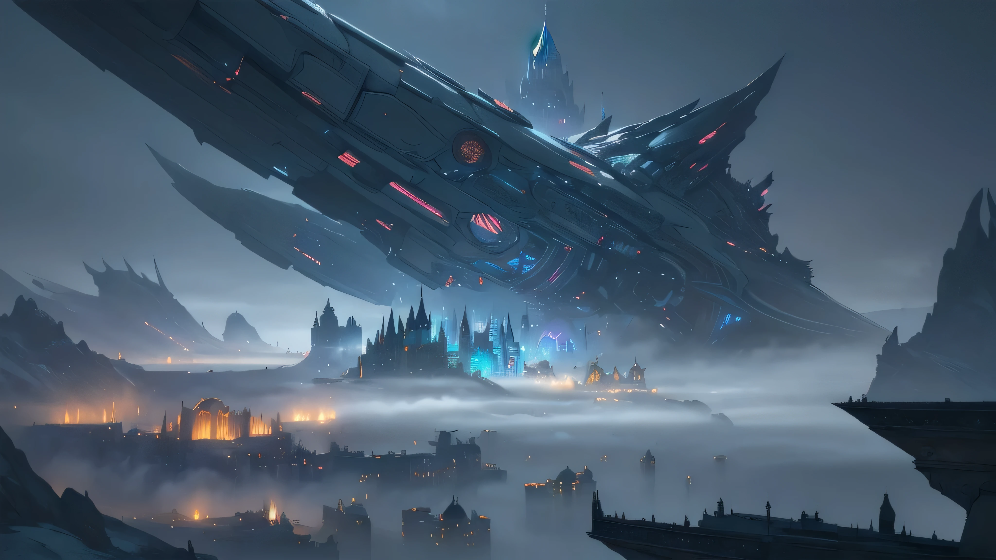 A breathtaking fantasy town, magical city, ethereal architecture, stunning rooftops, glowing lights, serene atmosphere, fantastical elements, whimsical details, dreamlike ambiance, dramatic lighting, vibrant colors, stunning vistas, floating islands, alien technology, cinematic composition, award-winning digital art, masterful 3D rendering, hyper-detailed environment, cinematic mood, concept art style, mood lighting, volumetric fog, dramatic shadows, futuristic cityscape, intricate details, otherworldly aesthetics, beautiful skyline, majestic towers, cinematic camera angle, epic scale, awe-inspiring visuals, (best quality,4k,8k,highres,masterpiece:1.2),ultra-detailed,(realistic,photorealistic,photo-realistic:1.37)