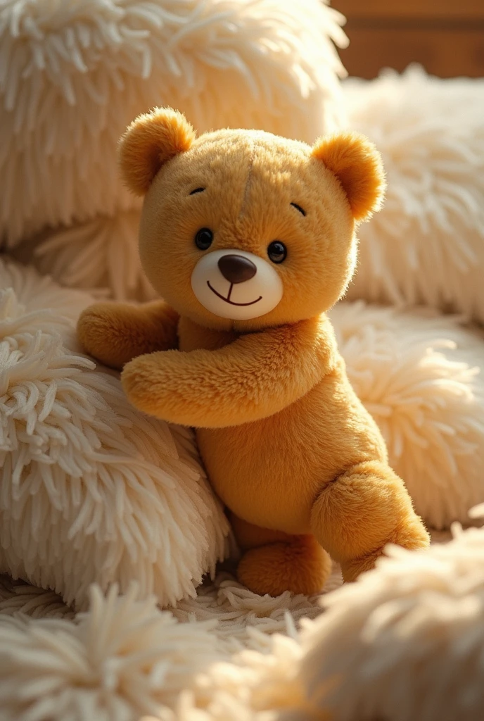 Ted Bear is carefully climbing down the pillow mountain, but still with an expression of joy and fulfillment. Every step is taken with confidence. Your bear parents are waiting for you at the foot of the mountain, with open arms to welcome you in a big hug. Ao fundo, the cushions are slightly messy, but the happiness of the moment is clear.