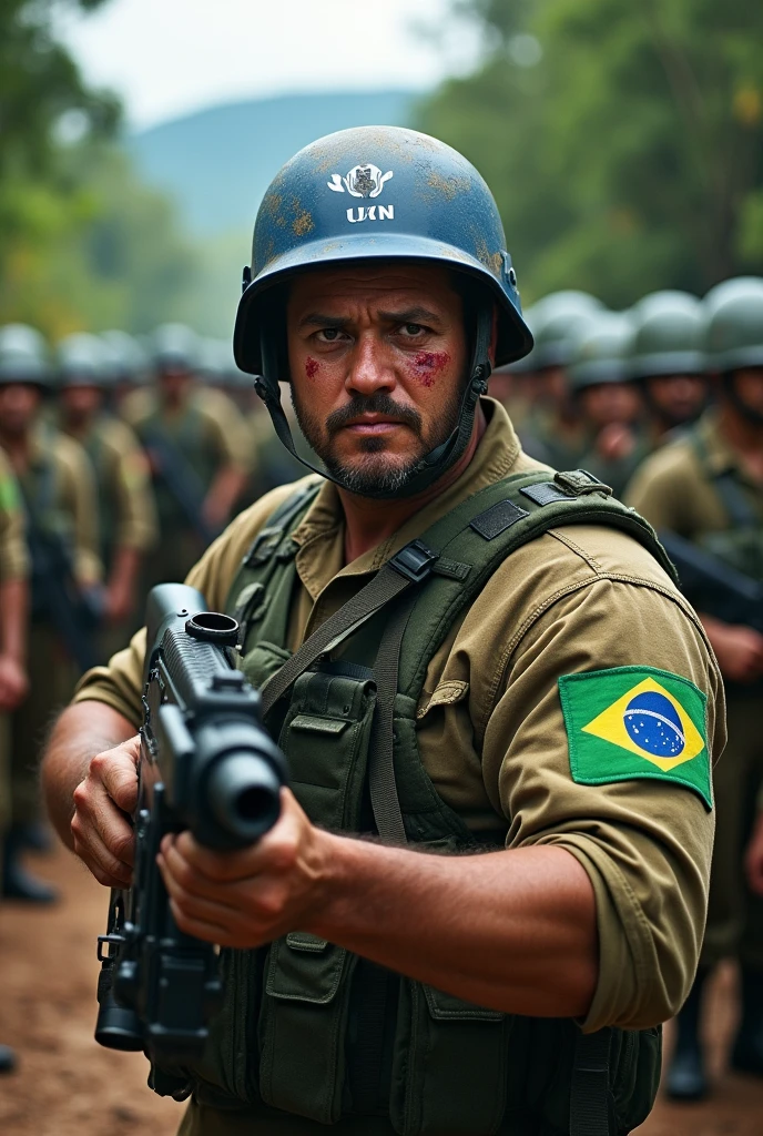 Illustrate a realistic light brown man all dirty with dust and all cut up from the Brazilian army commando battalion, with a large, strong and wide physique, He has short hair, with a tired but aggressive look, holding a heavy machine gun with a large cut on his face. He is fully equipped with a blue UN helmet and a long-sleeved Brazilian army uniform with the flag symbol on the shoulder.. He has a large, heavy vest. In the background leading an entire battalion of Brazilian soldiers