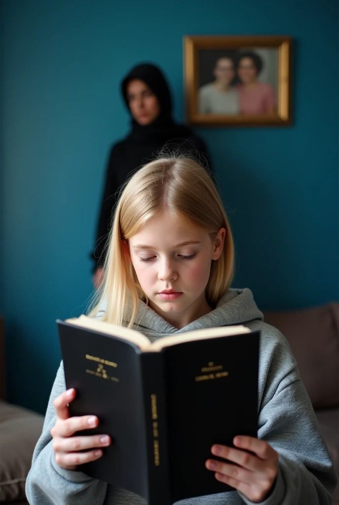 En premier plan une fille adulte blonde en sweat qui lit un journal noir avec écrit sur le journal "journal de Isabel Brown" et derrière elle une ombre un peu plus grande avec ce ne doit pas être la même personne et le fond bleu et sur le fond une photo d'elle et de ces parents