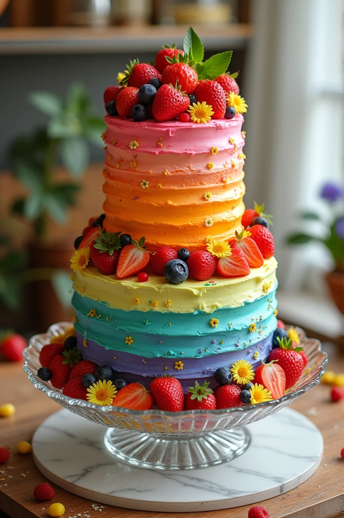 4-tier rainbow cake with glass bowl in the middle
