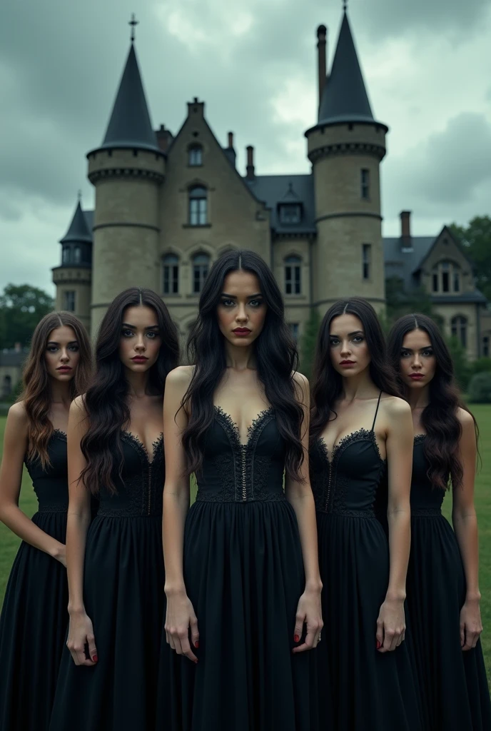 5 sorcières gothiques sexy, devant un château en ruine, Beaux yeux détaillés, belles lèvres détaillées, visage extrêmement détaillé, long cils, Élégante robe sombre, 5 filles,pose dramatique, éclairage maussade, ciel nuageux dramatique, atmosphère sombre et mystérieuse, composition cinématographique, Photoréaliste, ultra-détaillé, 8k, Meilleure qualité, chef-d&#39;œuvre, 5 filles
