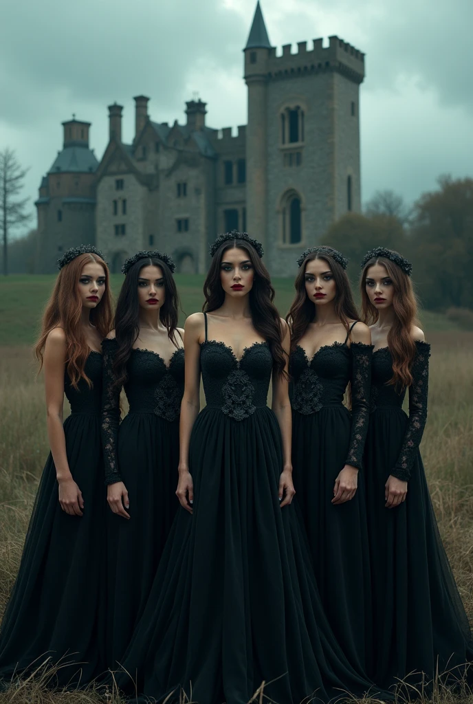 5 sorcières gothiques sexy, devant un château en ruine, Beaux yeux détaillés, belles lèvres détaillées, visage extrêmement détaillé, long cils, Élégante robe sombre, 5 filles,pose dramatique, éclairage maussade, ciel nuageux dramatique, atmosphère sombre et mystérieuse, composition cinématographique, Photoréaliste, ultra-détaillé, 8k, Meilleure qualité, chef-d&#39;œuvre, 5 filles