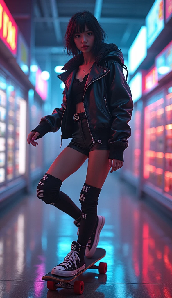 ultra-realistic, photorealistic, dramatic scene, shadow, global-illumination, (20 years old Japanese famous idol girl:1.5), Unconventional skateboarding alone at cyber punk futuristic supermarket, dynamic angle, acrobatic pose, masterpiece, (face focus:1.6), beautiful eyes, Dressed neatly but cyber punk neon suits, very large breasts, beautiful face,