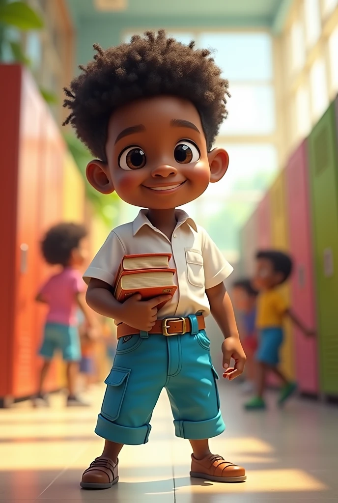 Create a very short black dwarf named Hector with a white shirt and blue shorts in a school