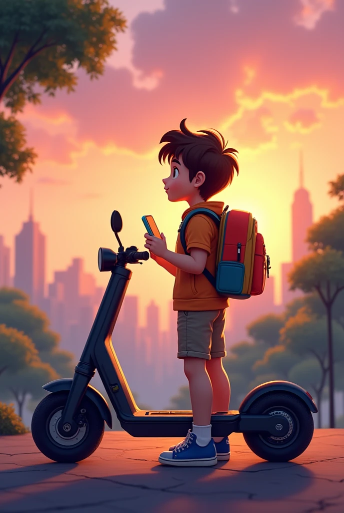 a brown haired boy avatar with his electric scooter on his kickstand, his backpack and his smartphone looking at the horizon