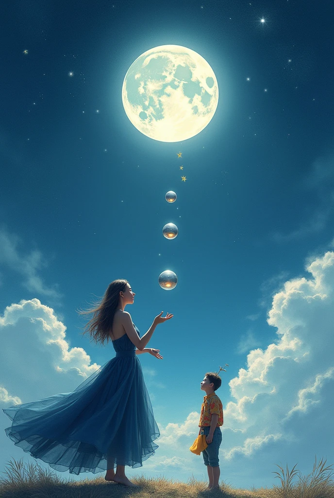 Un clair de lune avec des nuages. Une femme devant qui jongle avec 3 boules. Un tout petit homme se tient a côté