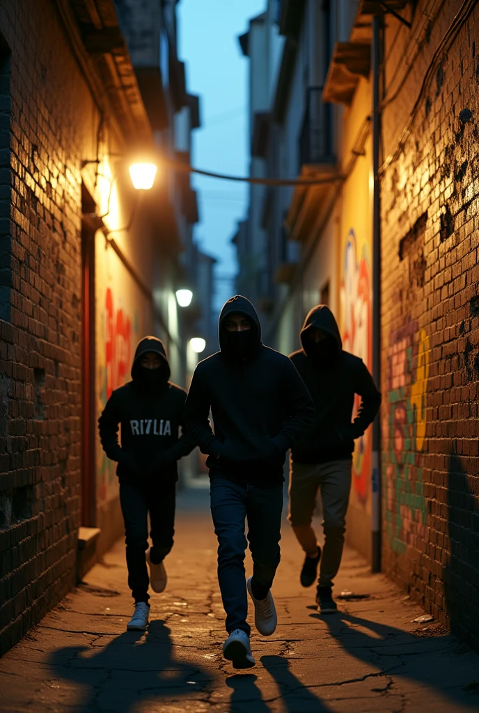 3 hooded Chilean rappers escaping from the police

