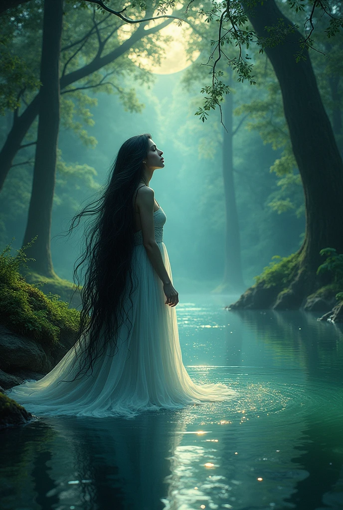 Black-haired Yggdrasil princess with silver-colored magical powers crying by a lake.