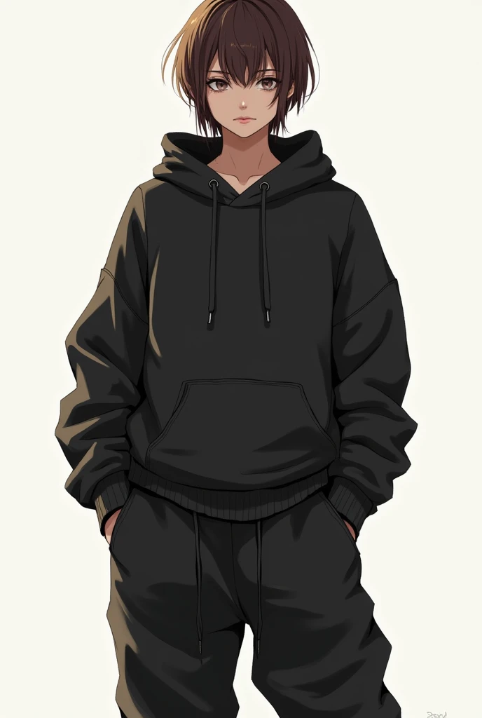 a female rpg character, full body like drawing showing the features, but with loose black streetwear style clothes and very short hair with straight brown bangs, 2d, no back ground, with serious face
