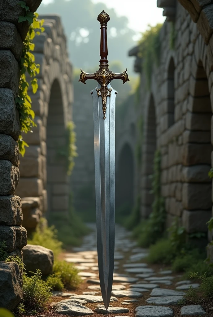 Silver-colored spear-sword with a deep brown handle with golden notches and a shiny gray edge.