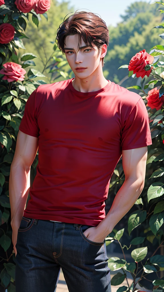 (absurdres, highres, ultra detailed), 1 male, beautiful,handsome, tall muscular guy, smooth skin, sexy gaze, mature, verious red and pink roses around him, the man is standing comfortably in the roses, from directly above, (red shirt, black jeans), gorgeous, wet, model pose, colorful, artistic, depth of field, focus on his calm facial features, elegant look, looking at the viewers romantically,