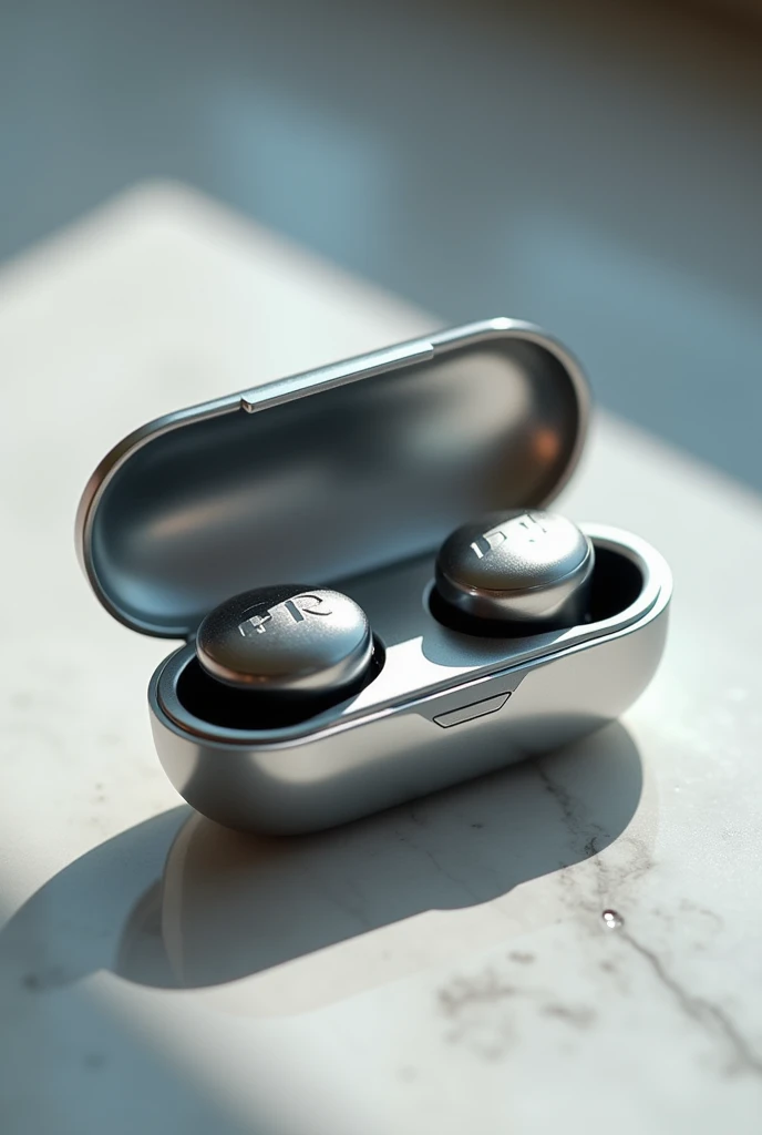Silver bluetooth headset with charging case, with the letters (F N) printed in black and white