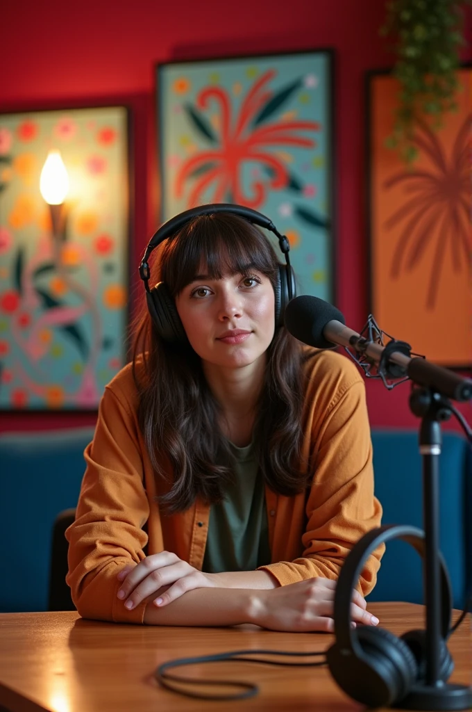 a young adult with dark brown hair and side-swept bangs at a podcast table