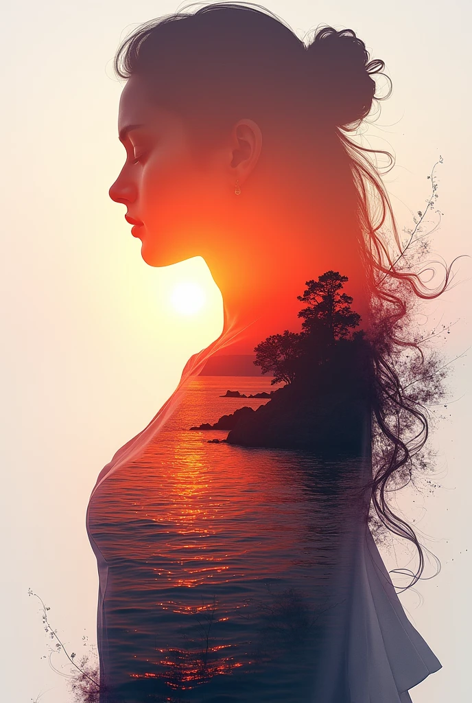 high quality, 8K Ultra HD, A beautiful double exposure that combines an goddess silhouette with sunset coast, sunset coast should serve as the underlying backdrop, with its details incorporated into the goddess , crisp lines, The background is monochrome, sharp focus, double exposure, by yukisakura, awesome full color,