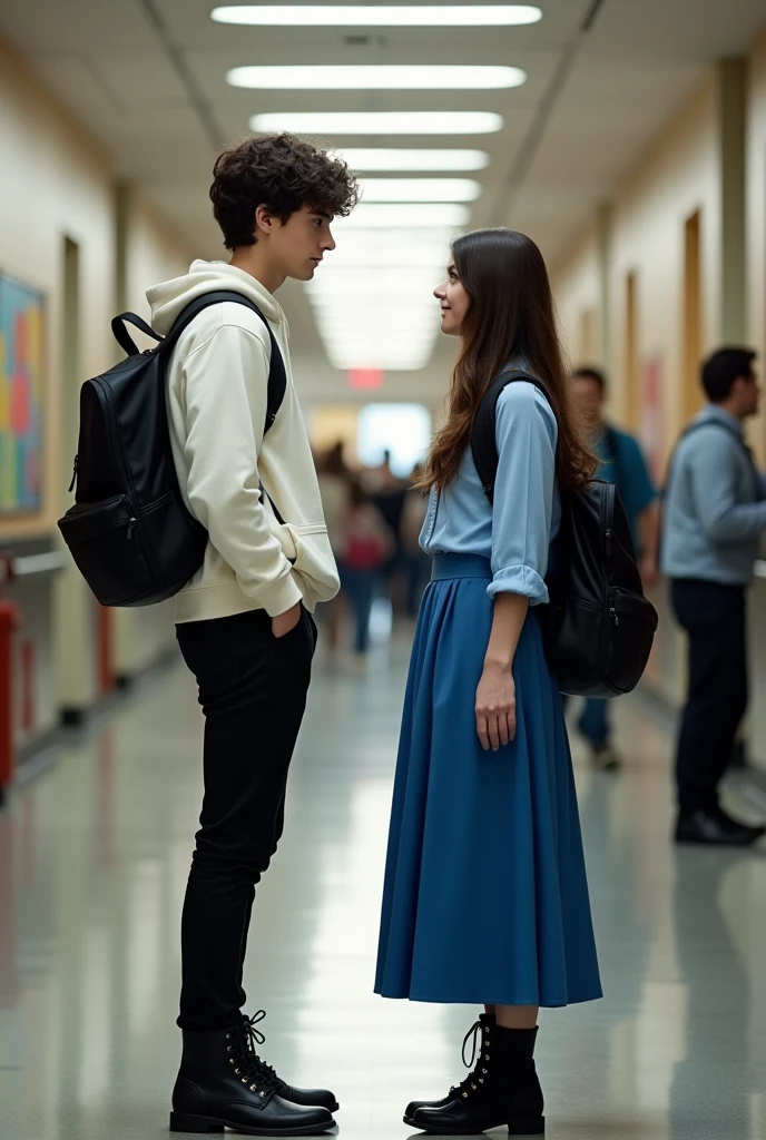 A 23-year-old boy with very white skin, and dark brown wavy hair dressed in a white sweatshirt and black pants and a black backpack, It is located in the university hallway, The boy is looking into the distance at a girl with long, very straight dark brown hair. , She is dressed in a blue blouse and a long blue skirt and black boots with a black backpack. , This girl is next to another boy who is not him