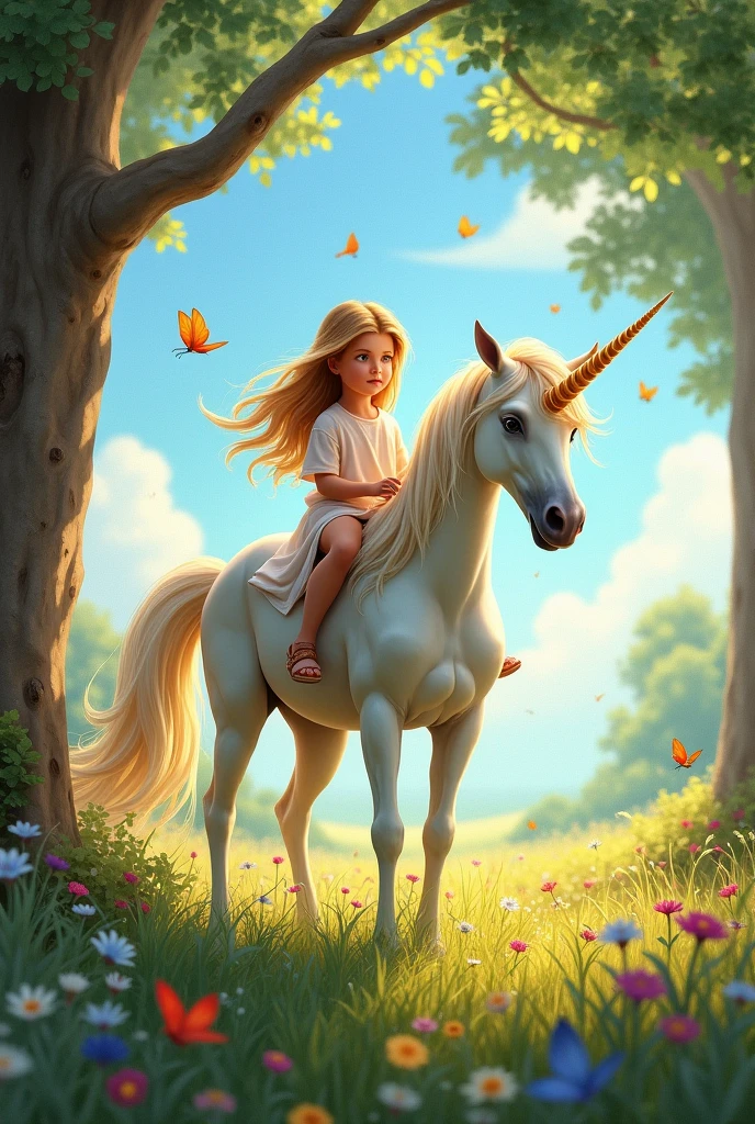 a child with honey eyes, Cinnamon skin and brown hair riding a unicorn