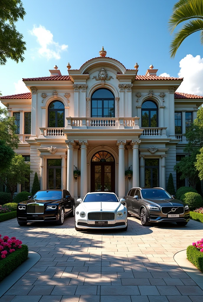 A big luxury mansion with luxury cars like rolls royece, bentley, 
range rover,lexus are parked
