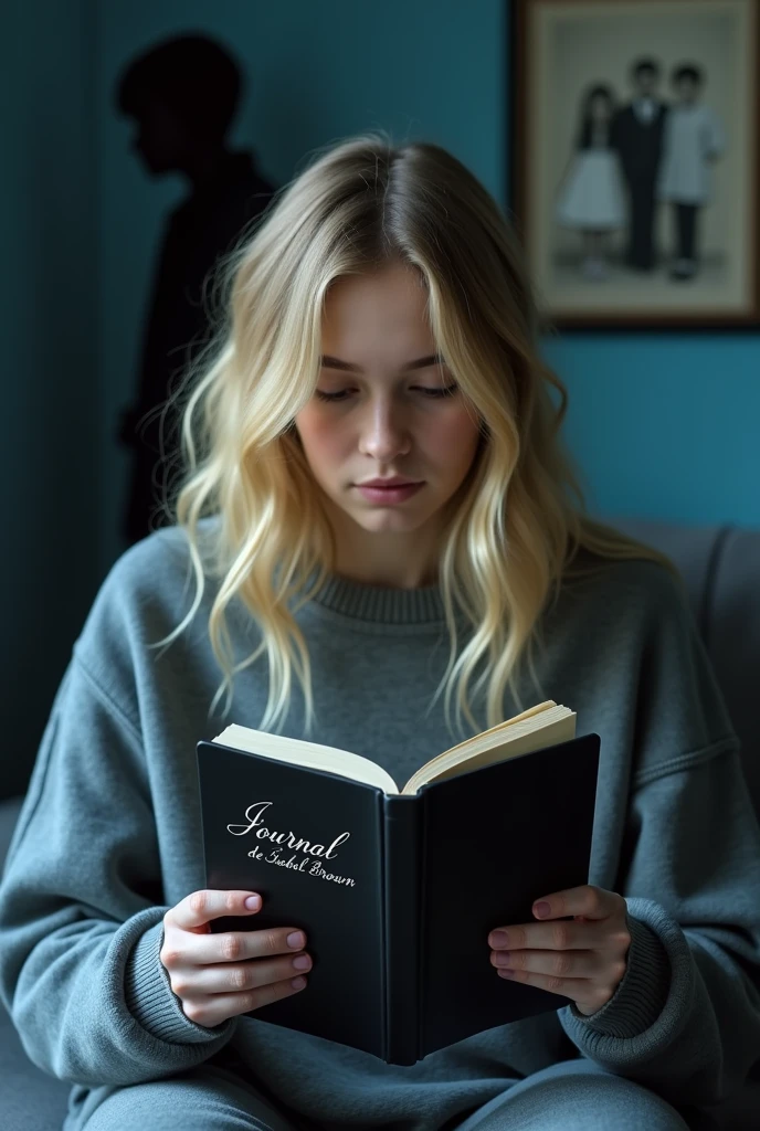 En premier plan une  fille adulte blonde en sweat qui lit un journal noir avec écrit sur le journal  "journal de Isabel Brown" et derrière elle une ombre un peu plus grande avec ce ne doit pas être la même personne et le fond bleu et sur le fond une photo d'elle et de ces parents