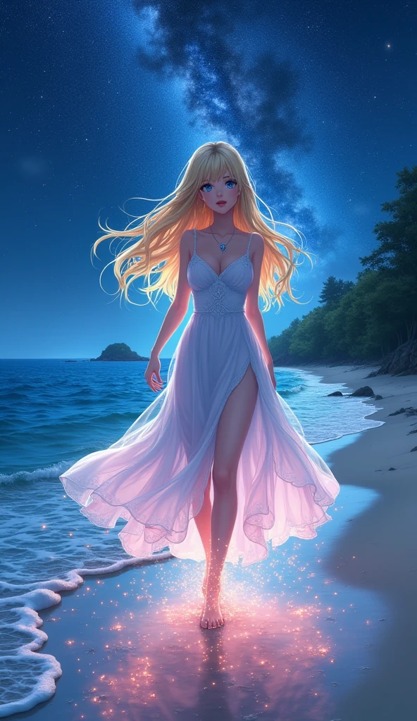 (masterpiece、Highest quality、8k、High resolution)、(The best beautiful girl)、Best Style、(The most beautiful face)、Clear skin、Clean blue eyes、Beautiful lips、Beautiful nose、Blonde Hair、Walking on the sand、Ocean、You can see the forest、A bright night with stars visible、Beautiful starry sky、milky way、(Mysterious light particles emitting from the body、Colorful Light)、(jewelry、necklace)、dress、(whole body)、Highly detailed anime art、A complete portrayal、Professional photographer、Professional Lighting、