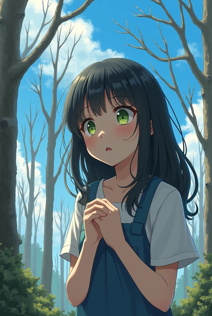 Girl with green eyes and black hair and has bangs and has her hair loose, He is in a sunny forest and the trees have no leaves and he looks at the sky with tears in his eyes but a little sadness, while holding something in his hands that he has in fists and has his hand on his chest (Let the girl be realistic)