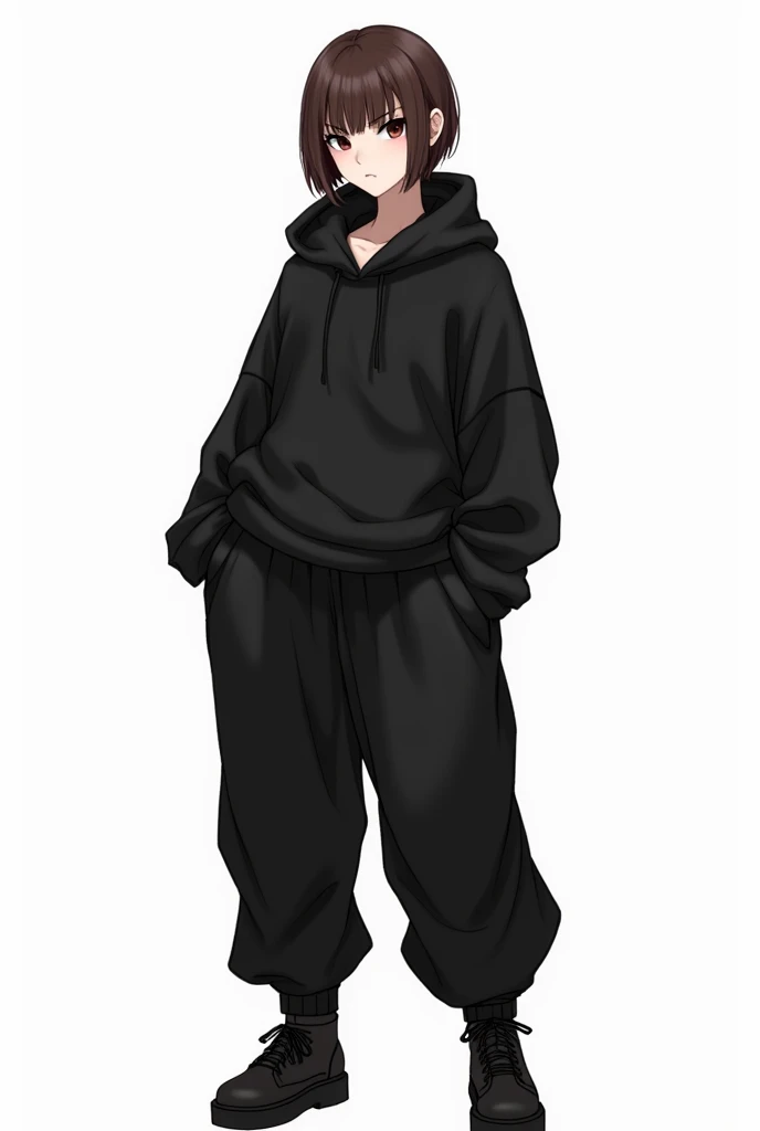 a female rpg character, full body like drawing showing the features, but with loose black streetwear style clothes and very short hair with straight brown bangs, 2d, no back ground, with a serious face full body