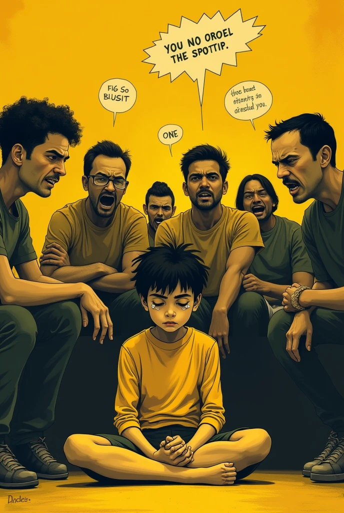 Many gangstar respecting a boy by sating in the floor, and the boy weared a shirt in the shirt "Sayem" was showed, the boy sat down on a chair,the boy have a gun and he shout a man