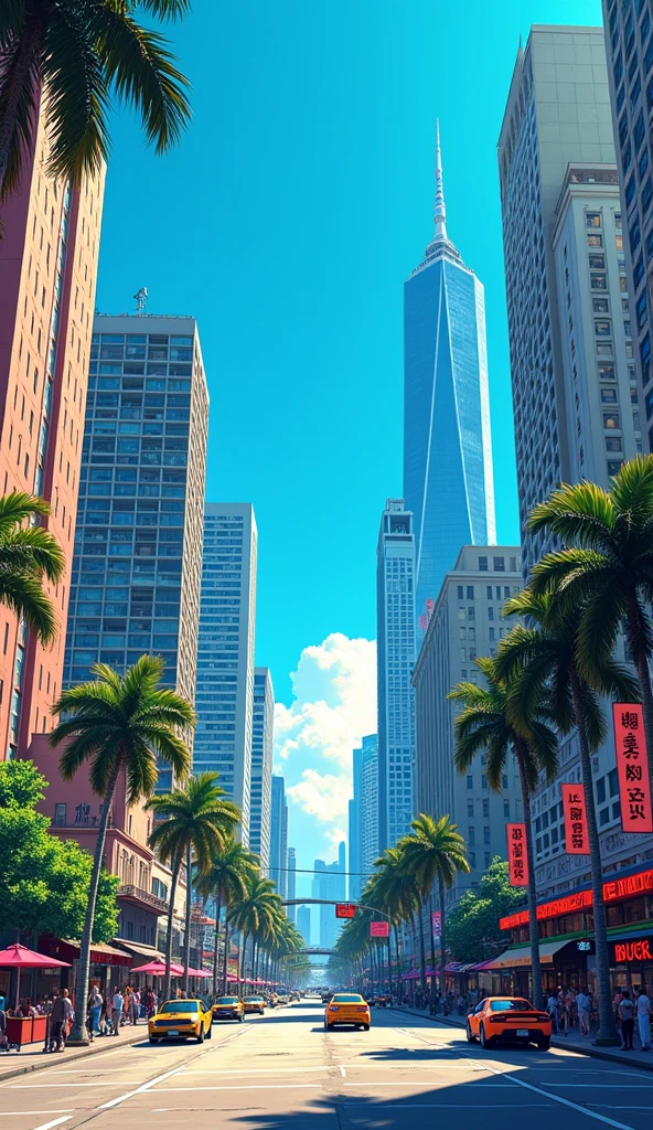 comic book city background, sky scrappers, details, dragon ball z style, akira toriyama, full color, 4K, Captured through the Manga Master Lens, this comic book city background embraces the dynamic spirit of Dragon Ball Z, paying homage to the iconic Akira Toriyama style. The ISO is meticulously set at 200, preserving the vibrant details of the skyscrapers against the backdrop. A shutter speed of 1/250 freezes the energy, allowing each frame to resonate with the essence of Dragon Ball Z. The wide aperture of f/4.0 ensures a vivid, full-color portrayal, and the resolution set at 4K brings the cityscape to life with clarity and brilliance. The scene unfolds with the grandeur of a comic book, capturing the dynamic energy and architectural details that characterize Toriyama's legendary style. The result is a visual spectacle that seamlessly blends the worlds of manga and urban landscapes, inviting viewers to immerse themselves in a unique and captivating narrative. - --ar 9:16,Hawaii, gta vice style , illustration , reteo comic illustration