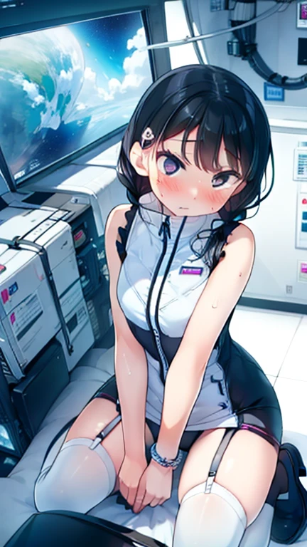 (Highest quality), (masterpiece), 1080P, High resolution, 4K, 8k, Inside the space station、Futuristic room、Thigh straps, Shooting from directly below, The woman on top of me, 白いSweat, Covered , Sweat, Woman looking down, Skirt swimsuit, Thigh-high socks, To achieve this, , , whole body, Black leather shoes, Braided hair, Inner Color, Embarrassed face, Short black hair, bracelet, Bedroom,celestial body_Vest