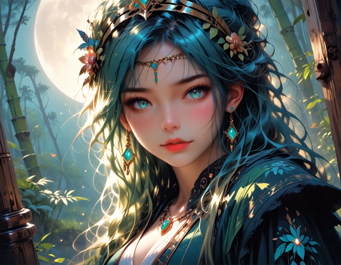 high details, best quality, 16k, [best detailed], masterpiece, best quality, (extremely detailed), a view from the rear (best details, Masterpiece, best quality), photorealistic, fantasy art, RPG art, a picture of a human sorceress sittings in bamboo forest, opening a  large (magical doorway: 1.2), with magical runes on it, looking into the (heavens: 1.3), epic beautiful human woman (best details, Masterpiece, best quality), ultra detailed face (best details, Masterpiece, best quality), dynamic hair color, dynamic hair style, dynamic eyes color, dynamic dress (best details, Masterpiece, best quality), bamboo, the magical doorway opens into the heavens and you can see angels flying, glowing arcane sigils GlowingRunes_paleblue, fantasy bamboo forest at night, moon light, moon rays, stars, Ultra-high resolution, High Contrast, (masterpiece:1.5), highest quality, Best aesthetics), 16K fantasy art, best details, best quality, highres, (ultra wide angle: 1.2), 16k, [ultra detailed], masterpiece, best quality, (extremely detailed), Cinematic Hollywood Film