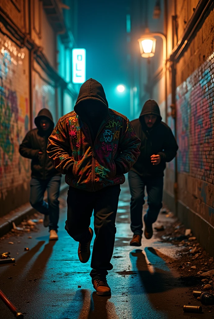 3 hooded Chilean rappers escaping from the police 1 is fatter