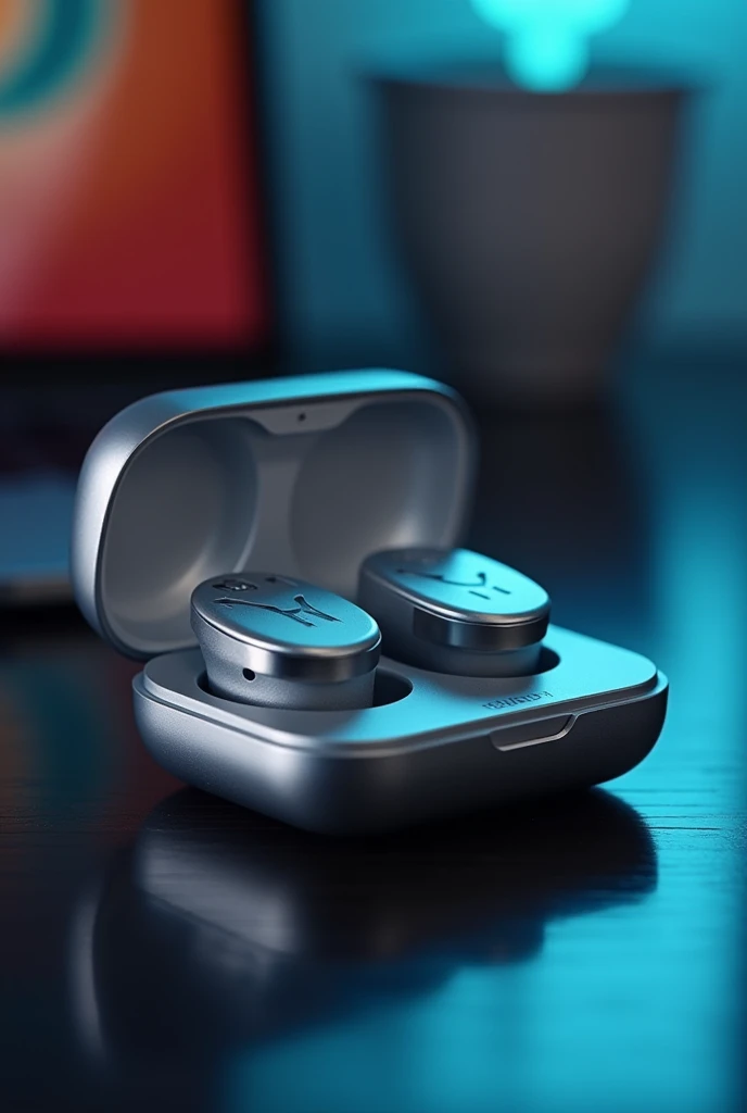 Silver bluetooth headset with charging case, with the letters ( F N ) printed in black and white