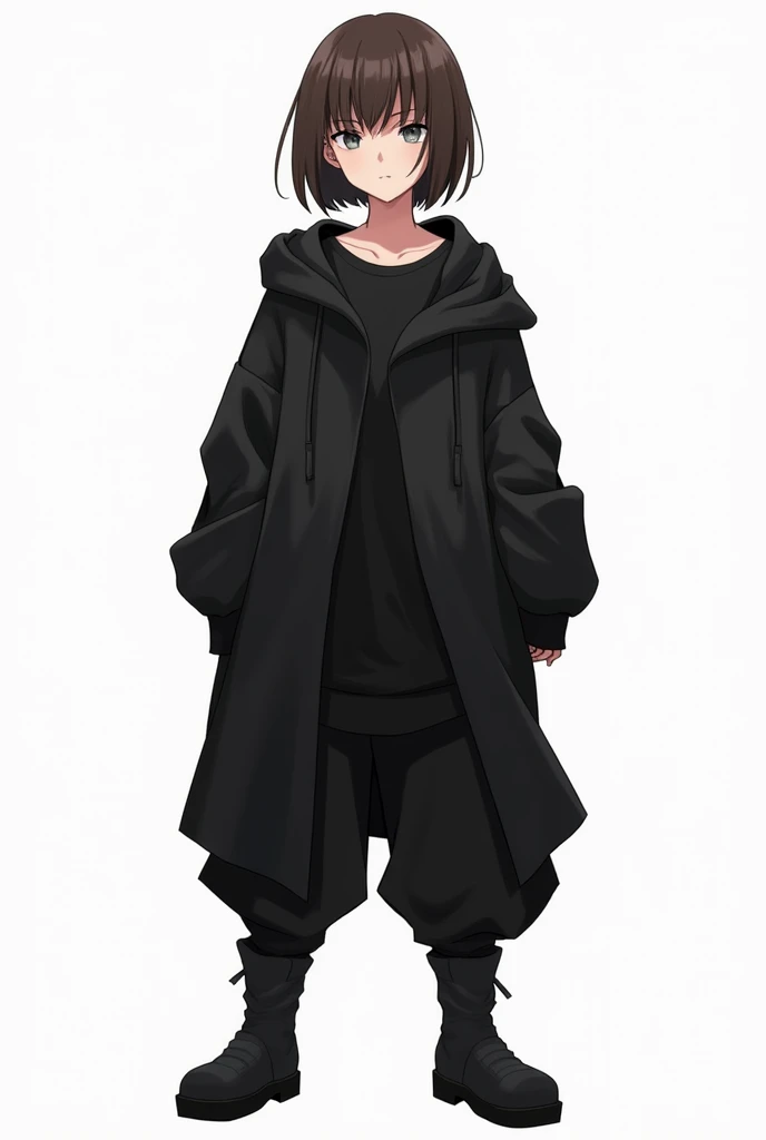 a female rpg character, full body like drawing showing the features, but with loose black streetwear style clothes and very short hair with straight brown bangs, 2d, no back ground, with a serious face, full body and clear eyes
