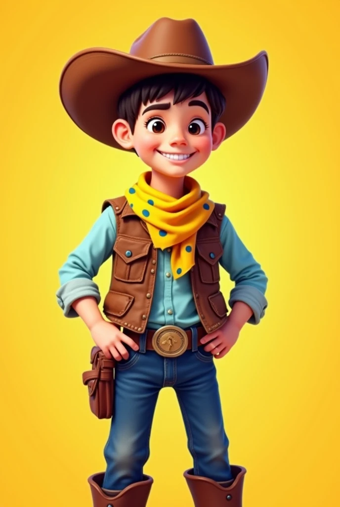 Generates a 13-year-old boy on a yellow background with mostly brown cowboy clothing and a yellow scarf with blue spots. All this with a pixelated visual style similar to a video game.