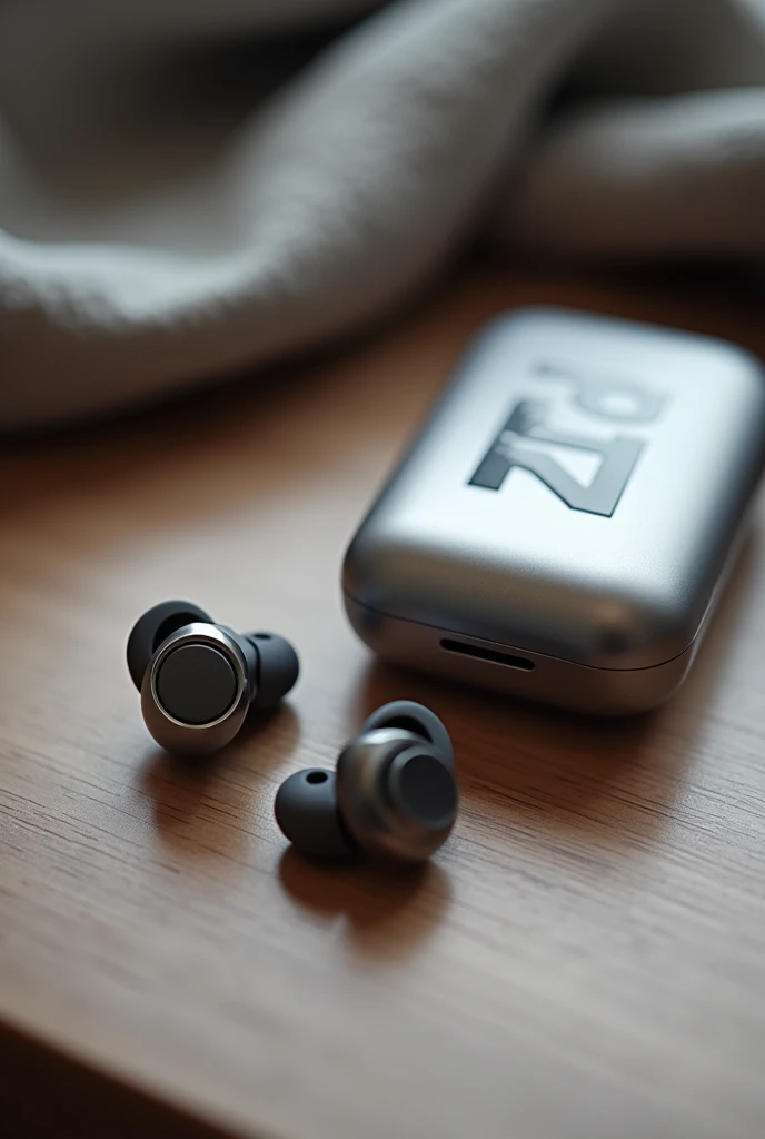 Silver bluetooth headset with charging case, with the letters ( F N ) printed in black and white
