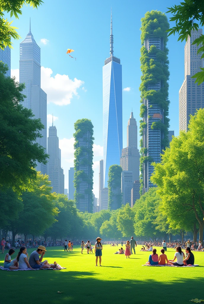 A render of a central park with families enjoying themselves, surrounded by future constructions, realistic image 