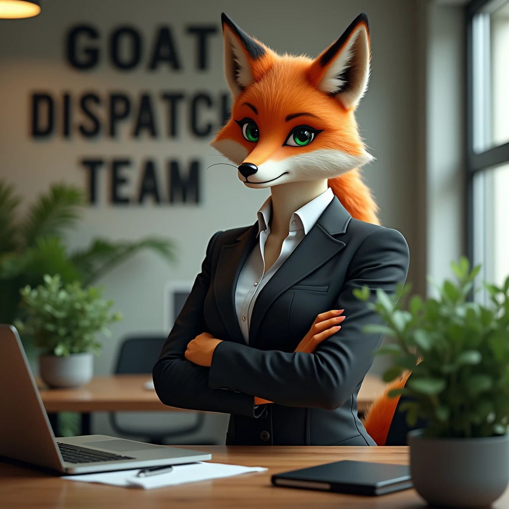 Female fox lady with suit in the office behind letter “GOAT DISPATCH TEAM” 