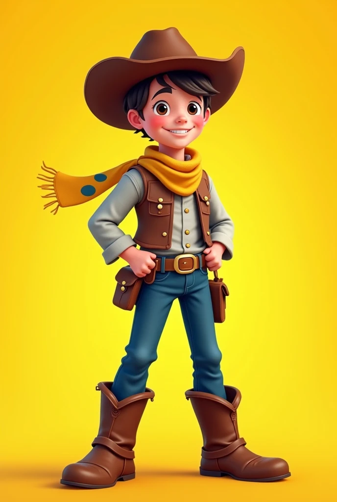 Generates a 13-year-old boy on a yellow background with mostly brown cowboy clothing and a yellow scarf with blue spots. All this with a pixelated visual style similar to a video game.