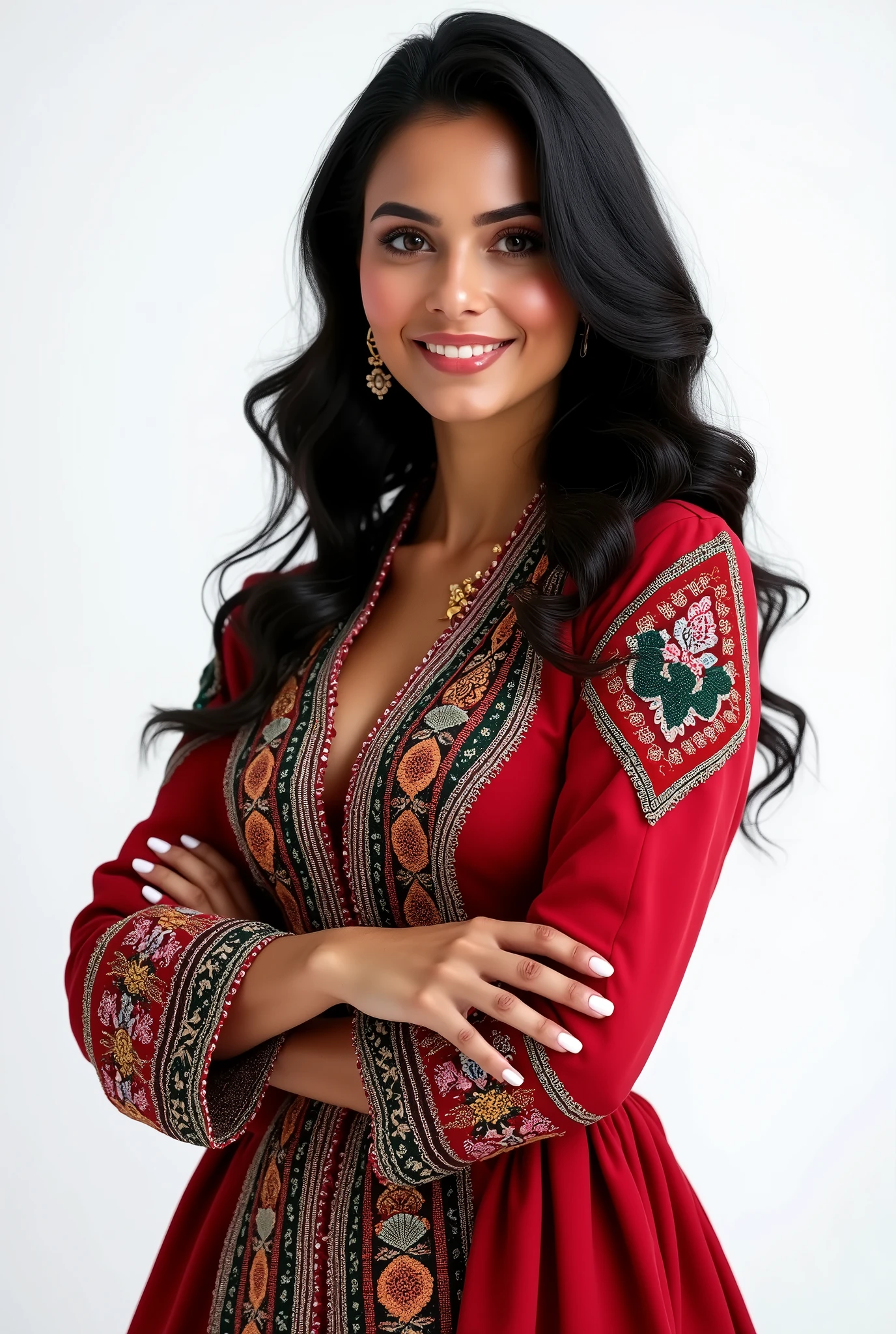 Create a hyper-realistic image of a 30-year-old Mexican woman with wavy hair, dark skin, and dark eyes. She should be smiling and wearing traditional Mexican business attire, specifically a charro dress. The background must be completely white, with no additional details or elements. There should be no scenery or anything else in the background. The only Mexican element in the image should be the woman and her clothing. The image should be 8k super realistic, detailed, and realistic. Include a full-body model with hands hidden. EasyNegative, (worst quality, low quality:1.4), (((deformed))), distortions in the hands, face, and other parts, more than 1 character, more than 1 backpack, (((deformed))), distortions in the hands, face, and other parts, more than 1 character.