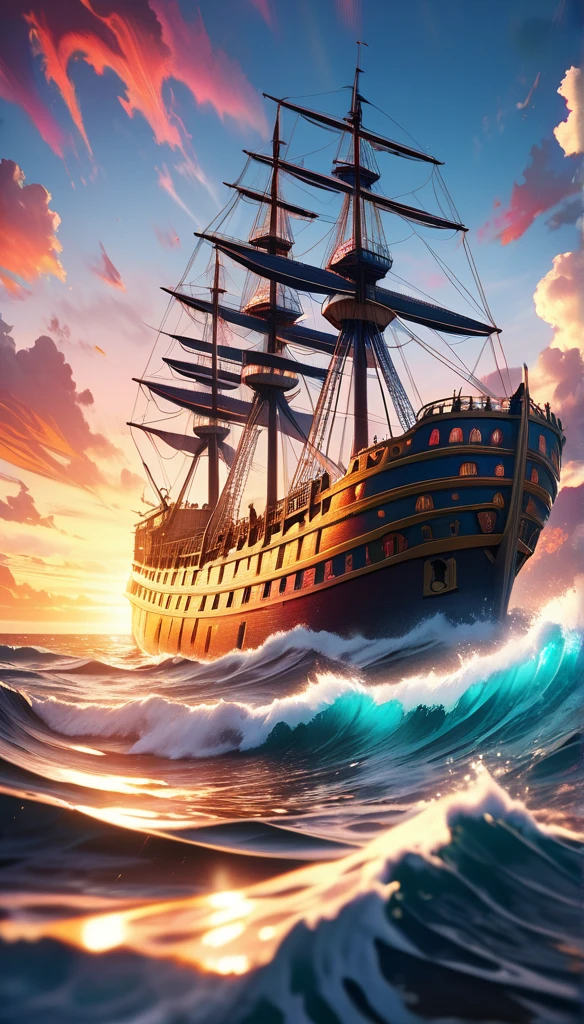 a colorful, psychedelic ship on a vibrant sea, surrounded by foamy waves, dramatic sunset, intricate details, photorealistic, 8k, best quality, masterpiece, highly detailed, vivid colors, glowing lights, dramatic lighting, cinematic composition, surreal atmosphere