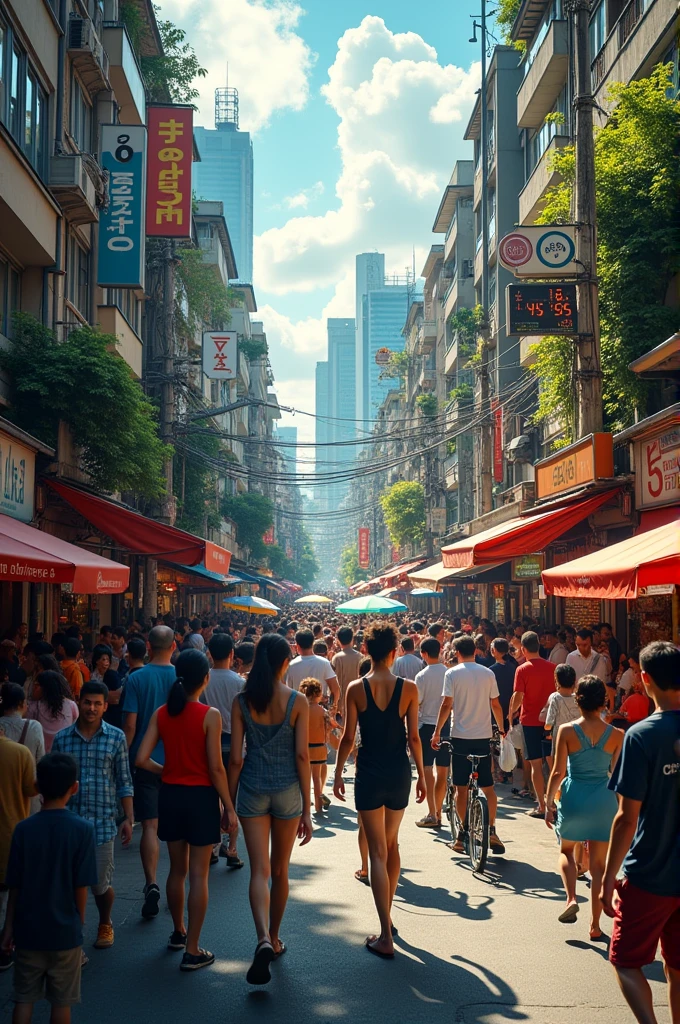 Street seen from above crowded with people