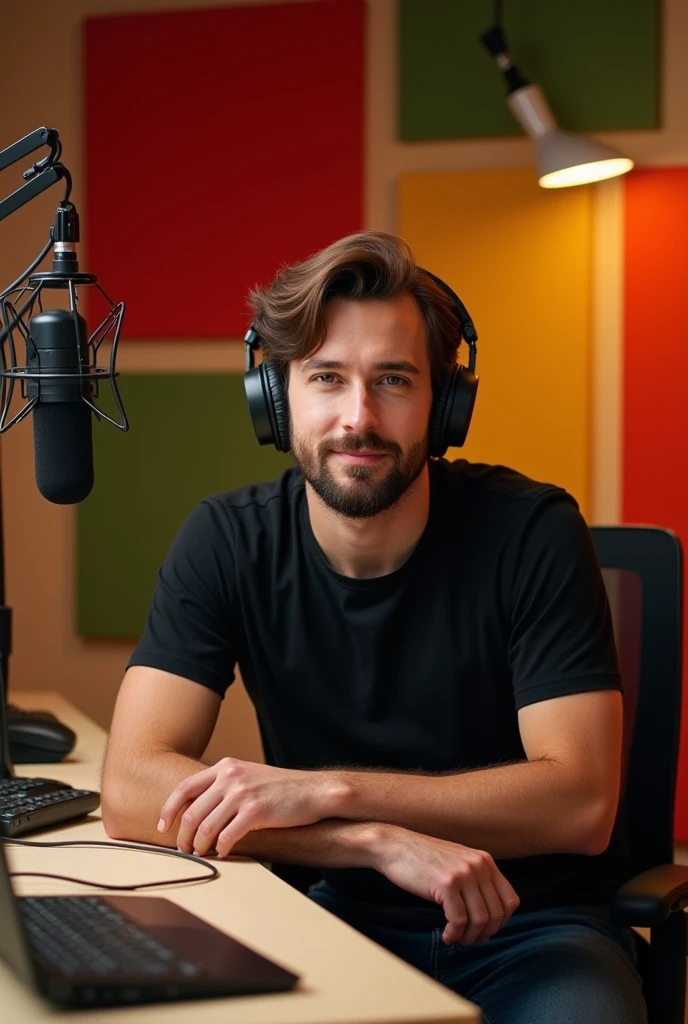 a young adult beardless man with side swept bangs of dark brown hair at a podcast table