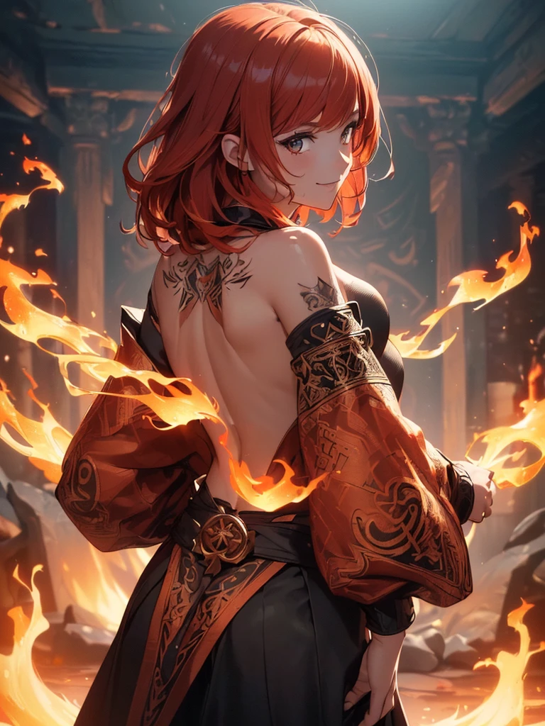 (((best quality, sharp image, clear image, cinematic lighting, 8k resolution, masterpiece, ultra detailed, intricate))) Girl, (((looking over left shoulder))), (shot from behind), fire mage, ((intricate background)), ((chaotic background)), red hair, smiling, ((flame runes, flame sigils)), (tatoo on back), slime figure, flying sigils