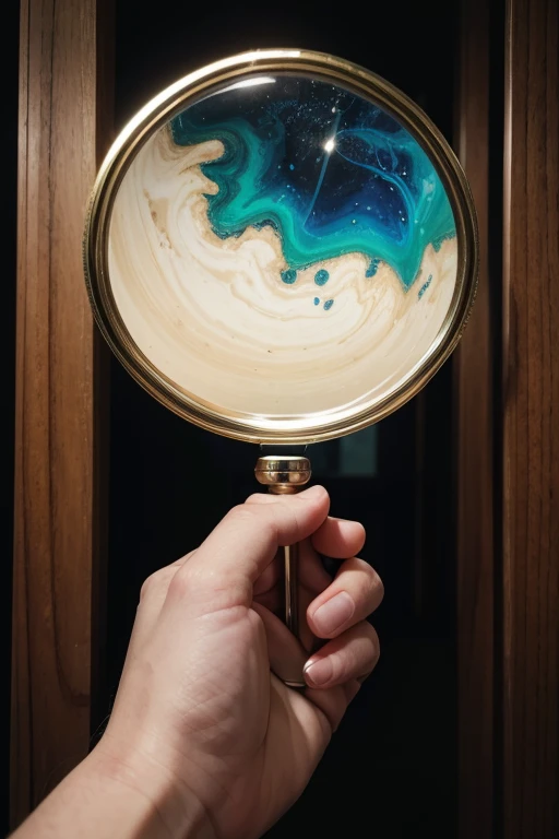a hand holding a magnifying glass, as if examining items in search of something special. ao redor, Several popular products could be spread out, as fashion accessories, electronics, decoration and gadgets. The background could be a light or neutral wood surface., giving a touch of simplicity and highlighting the idea that the profile finds "Hidden treasures" online. The colors of the image could be vibrant, but balanced, to convey the idea of valuable and unique discoveries.